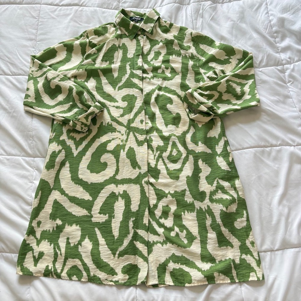 Womens XL Shirt Dress Green Ikat Abstract Button Down Pockets Quiet Luxury Boho